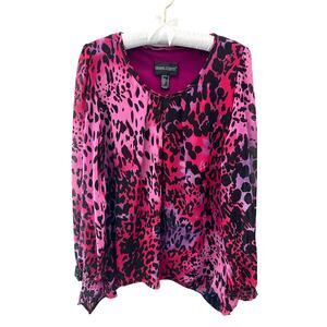 FRANK LYMAN | Pink Black Animal Print Beaded Cuff Blouse Top | Size 10